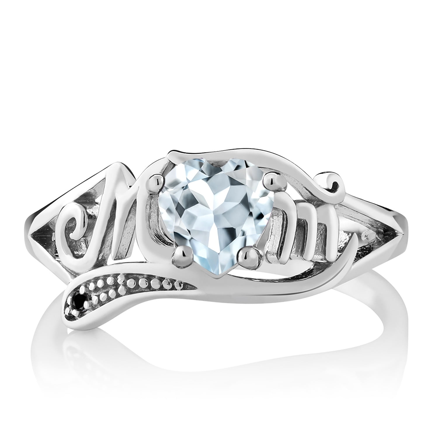 Gem Stone King 0.74 Ct Heart Shape Sky Blue Aquamarine Black Diamond 925 Sterling Silver Ring