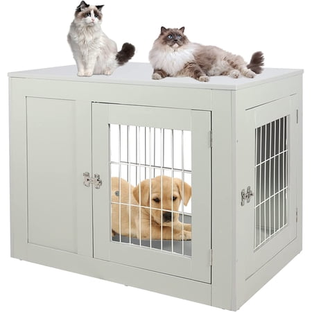 Lineslife Large Dog Crate Furniture Style Dog Cage Double Doors Heavy Duty Decorative Pet Cage Kennel, Gray