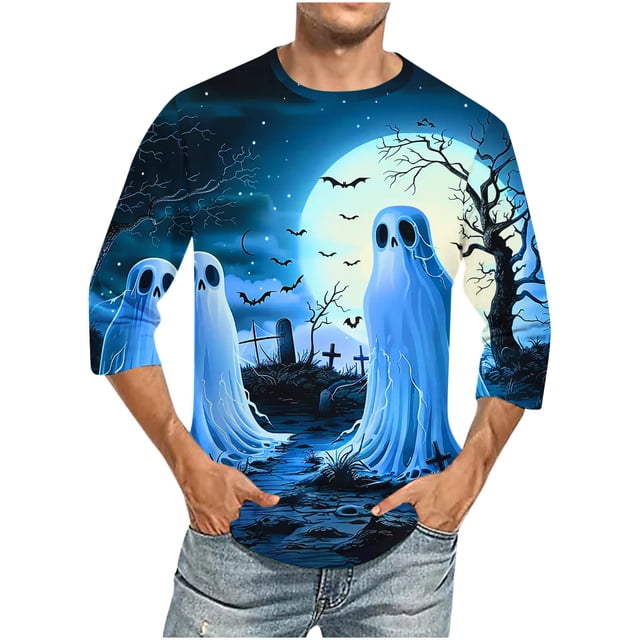Camisas de Manga Larga para Hombres Imprimir Blusa de Manga Corta de Cuello Redondo, Camisas de Lino para Hombres