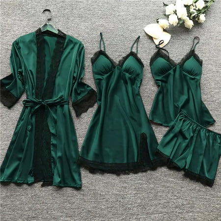 

WHLBF Womens Plus Size Lingerie Women Silk Lace Robe Dress Babydoll Sleepwear Nightdress Pajamas Set Army Green XL(XL)