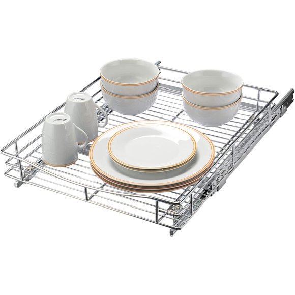 Kitchen Pull Out Cabinet Organizer, 17"W x 21"D x 4"H Under Cabinet Slide Out Sliding Shelf, Chrome