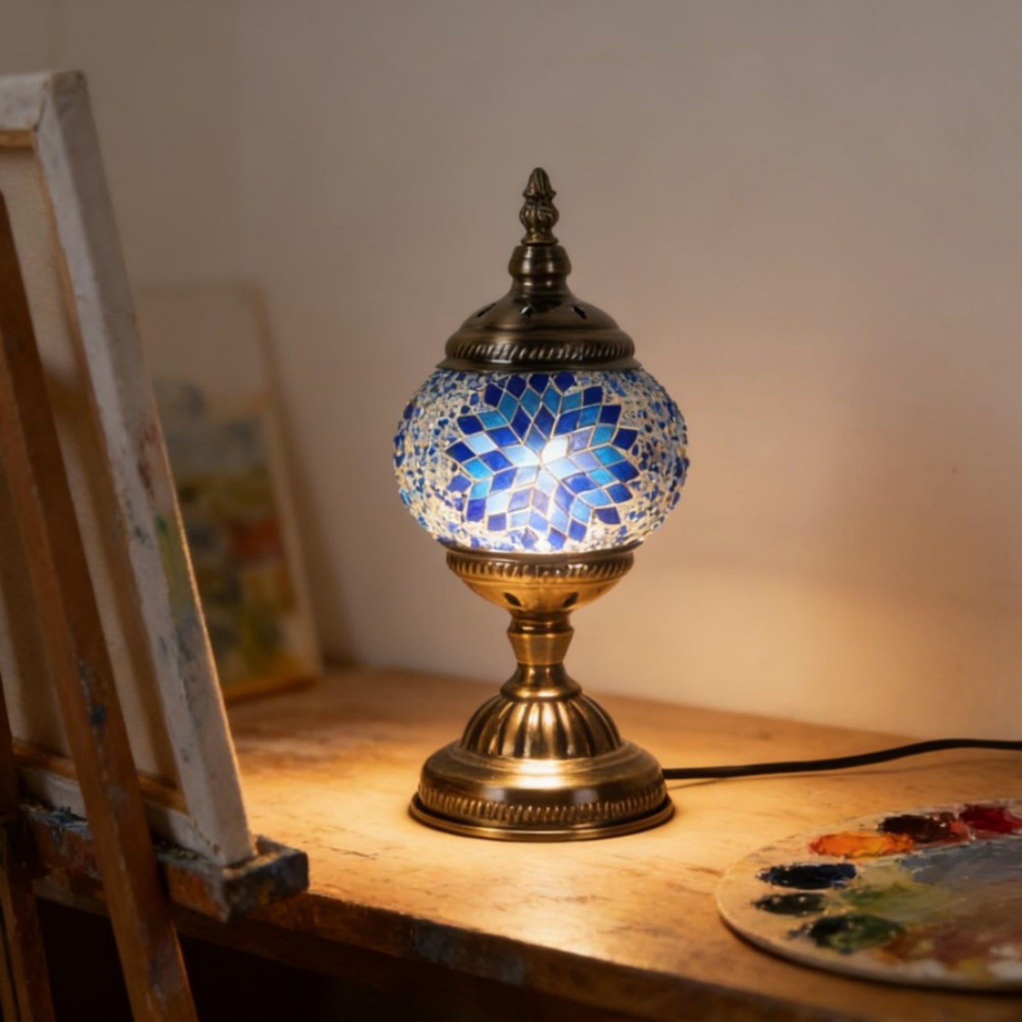 Turkish Lamp, Mosaic Table Lamp, Antique Moroccan Decorative Glass Bohemian Vintage Lamp Shade, Small Desk Tiffany Bedside Stained Glass Lamp with US Plug and E12 Socket