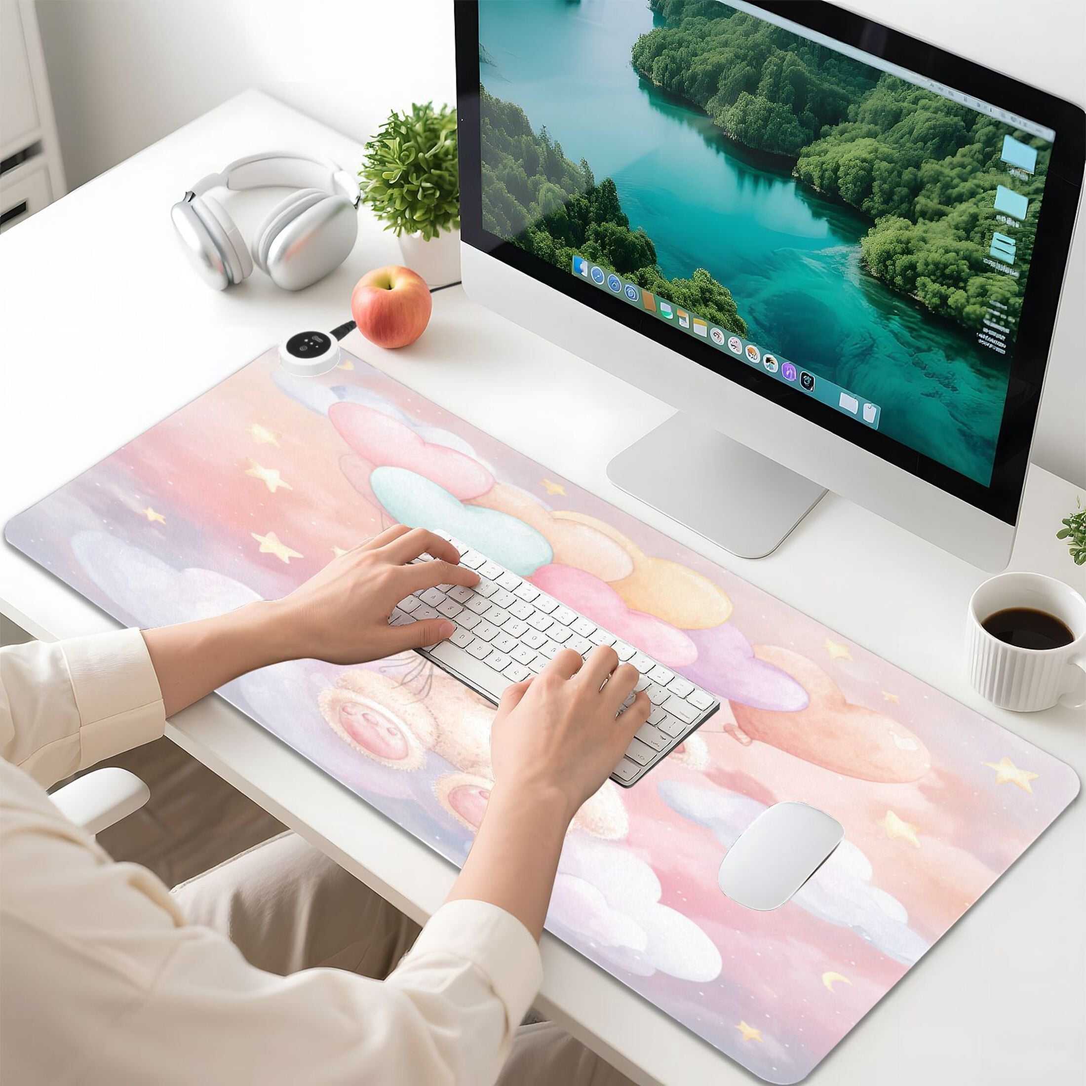 Large Heated Desk Mat Mouse Pad 31.5"x13"PU Leather Graphene Heating Desk Warmer with 3 Temperature Settings 110V US Plug Non-Slip Warm Pad for Home, Office, and Gaming Heart Balloon Teddy Art