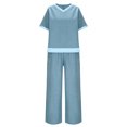 thumbnail image 3 of Summer 2 Piece Outfits for Women Plus Size Short Sleeve Crop Top Wide Leg Pants Linen Lounge Beach Travel Sets, 3 of 6