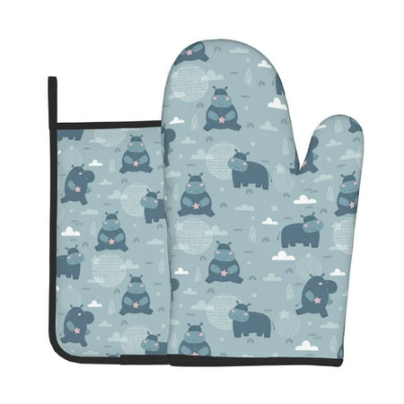 

Jgfou Cute Hippopotamus Pattern Oven Mitts and Pot Holders Sets Heat Resistant Oven Mittens Soft Lining Extra Thicken Long Kitchen Cotton Oven Glove for Cooking