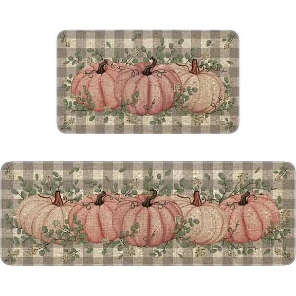 Fall Kitchen Mats Set of 2,Fall Kitchen Decor Pumpkin Mat for Floor Thanksgiving Rugs Decorations, Non Slip Washable Rug for Kitchen, Pink