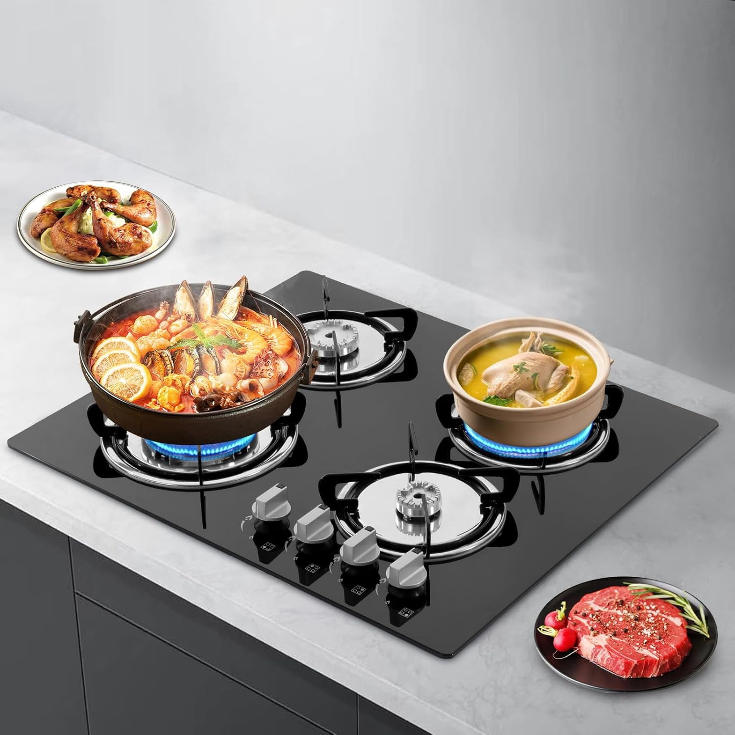 Gas Cook-top Gas Stoves,4-Burners Built-in Countertop Gas Stove NG/LPG Gas Hob Kitchen Cooker Built-In Cook Stove Tempered Glass Electronic Ignition Stove