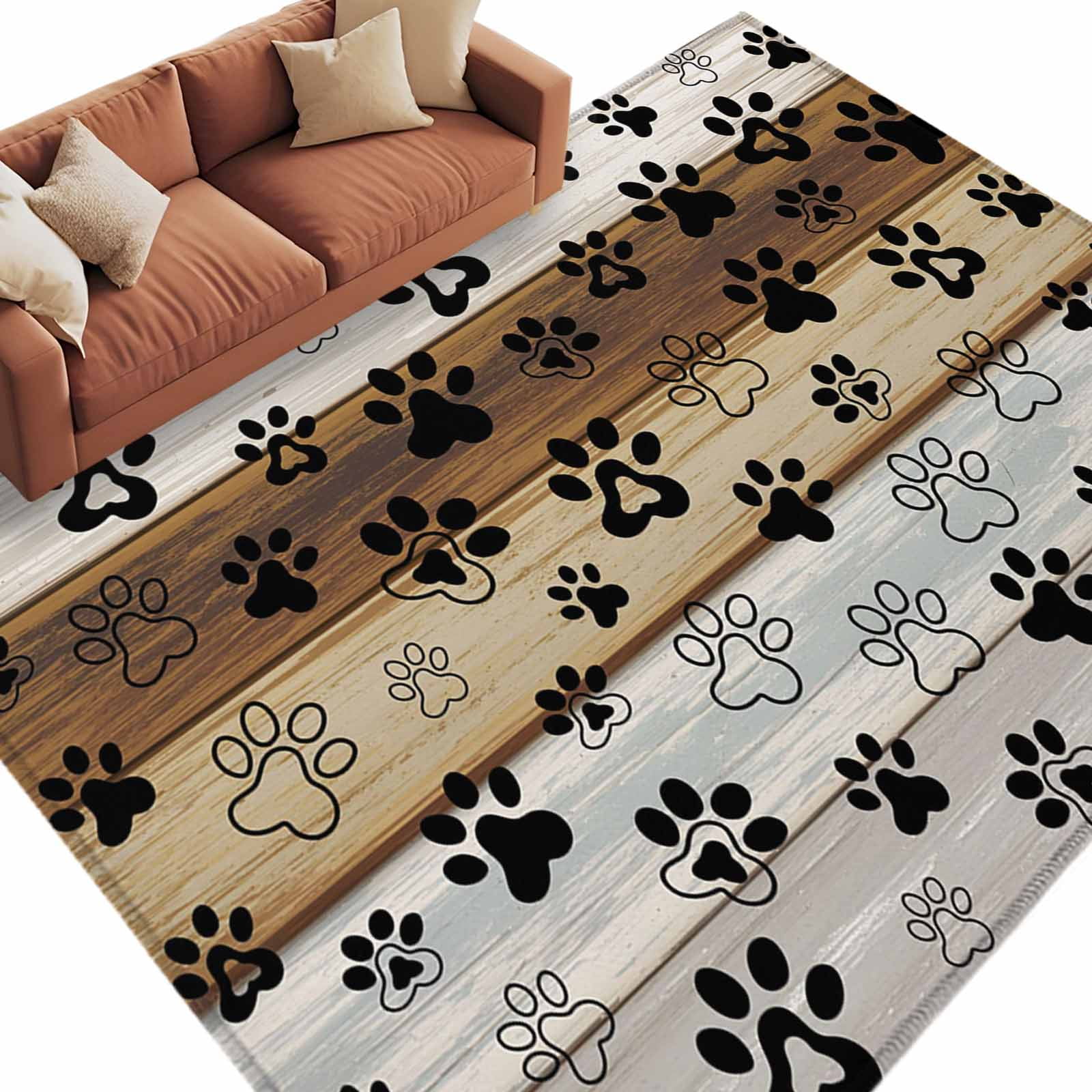 Area Rug for Living Room, Cute Dog Claws Non-Slip Indoor Large Carpet for Bedroom/Dining Room, Farmhouse Brown Grey Wooden Puppy Pawprints Washable Low-Profile Rectangle Floor Runner Rugs - 6 x 9 Ft