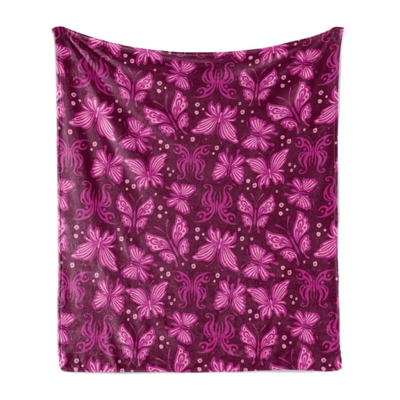 Butterfly Soft Flannel Fleece Blanket, Natural Theme Abstract Pink Butterflies Pattern in Feminine Colors, Cozy Plush for Indoor and Outdoor Use, 50" x 70", Magenta Baby Pink Maroon, by Ambesonne