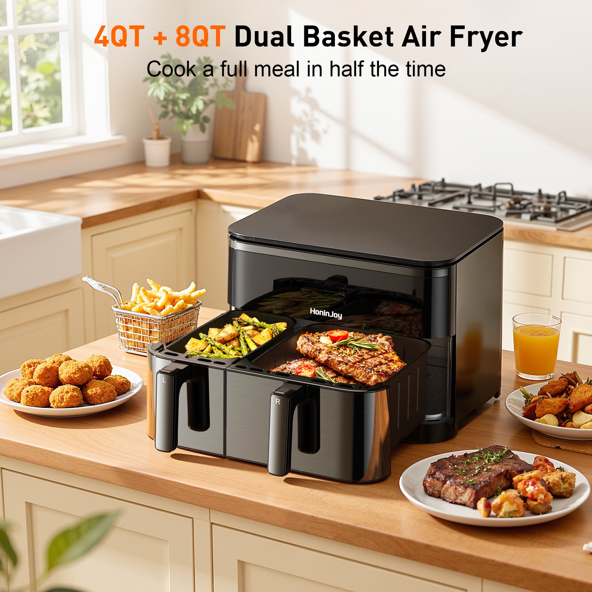 HoninJoy Large Double Air Fryer, 10-in-1 Independent  4+8 QT Baskets Air Fryer with LED Touch Screen (Air Fryer Liner Inclued)