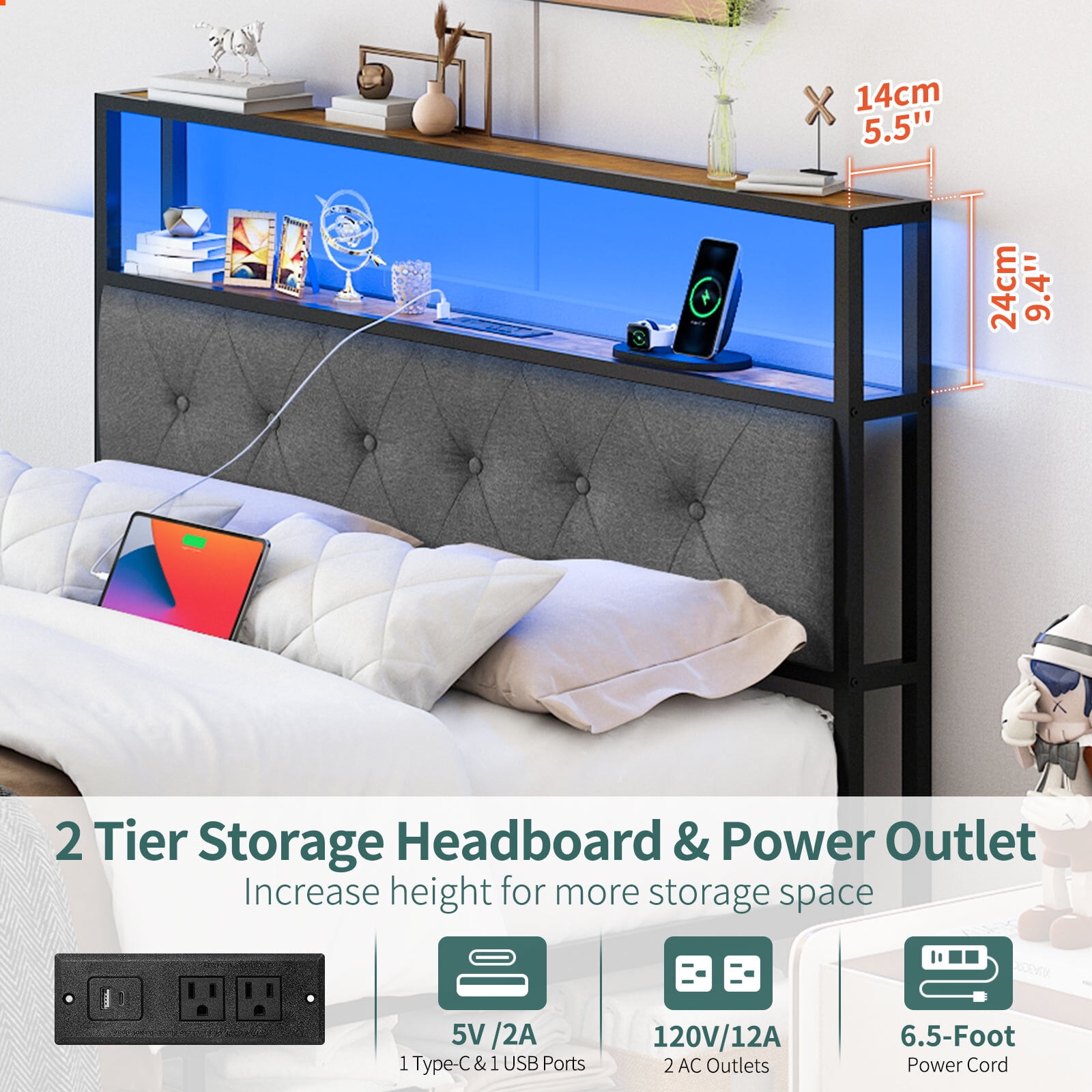Full Size LED Light Bed Frame with Storage Headboard and USB Ports,Bed Platform with Drawers, RGB Lights