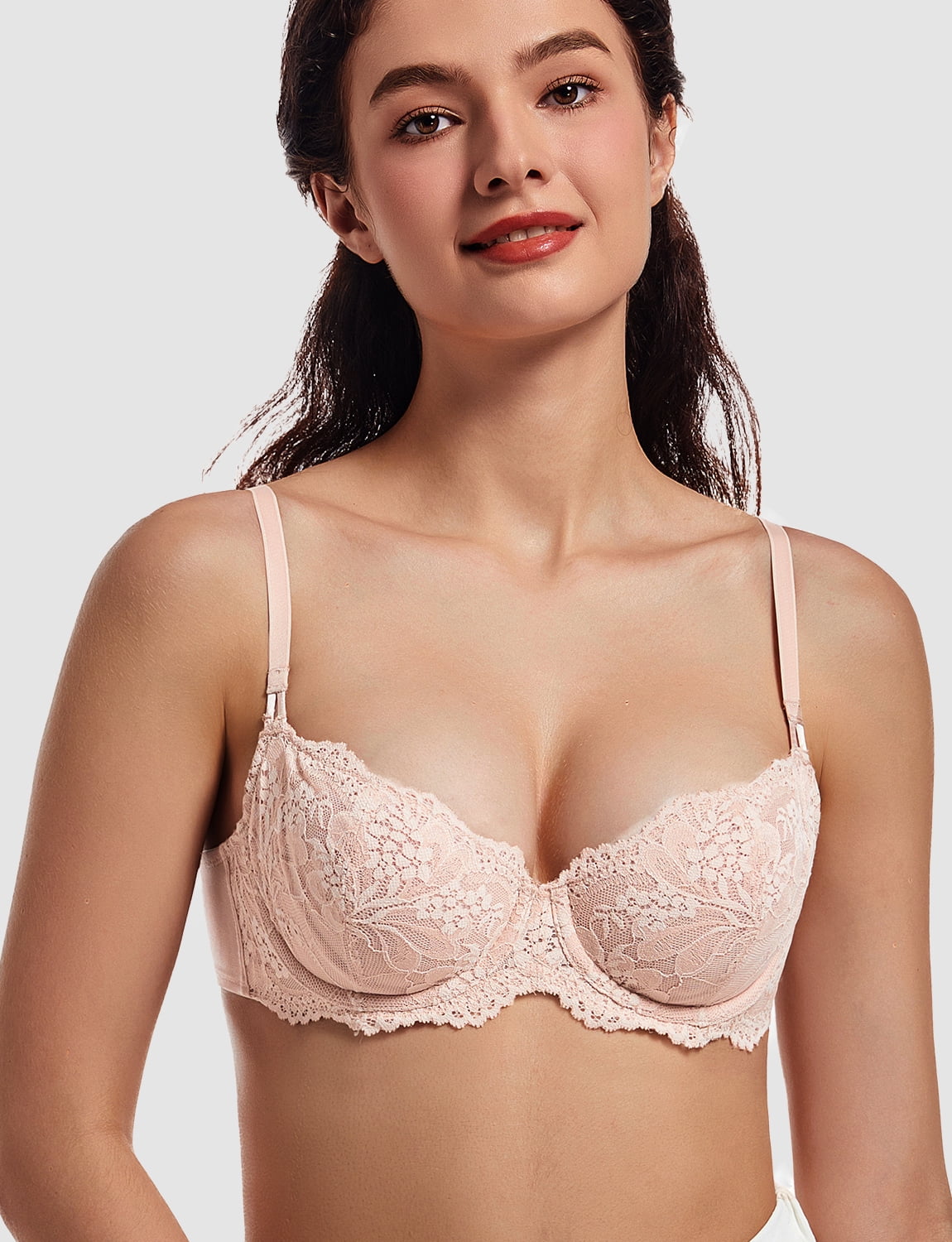 MELENECA Women's Sexy Lace Push Up Plus Size Sheer Balconette Underwire Unlined Bra Beige 40E