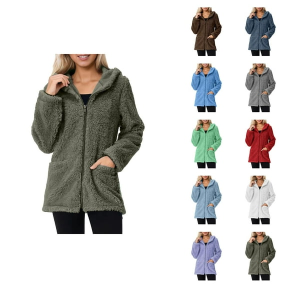 Winter Coats for Women 2025 Long Sleeve Soft Fleece Plain Zip Up Hooded Jacket with Pockets Casual Outerwear