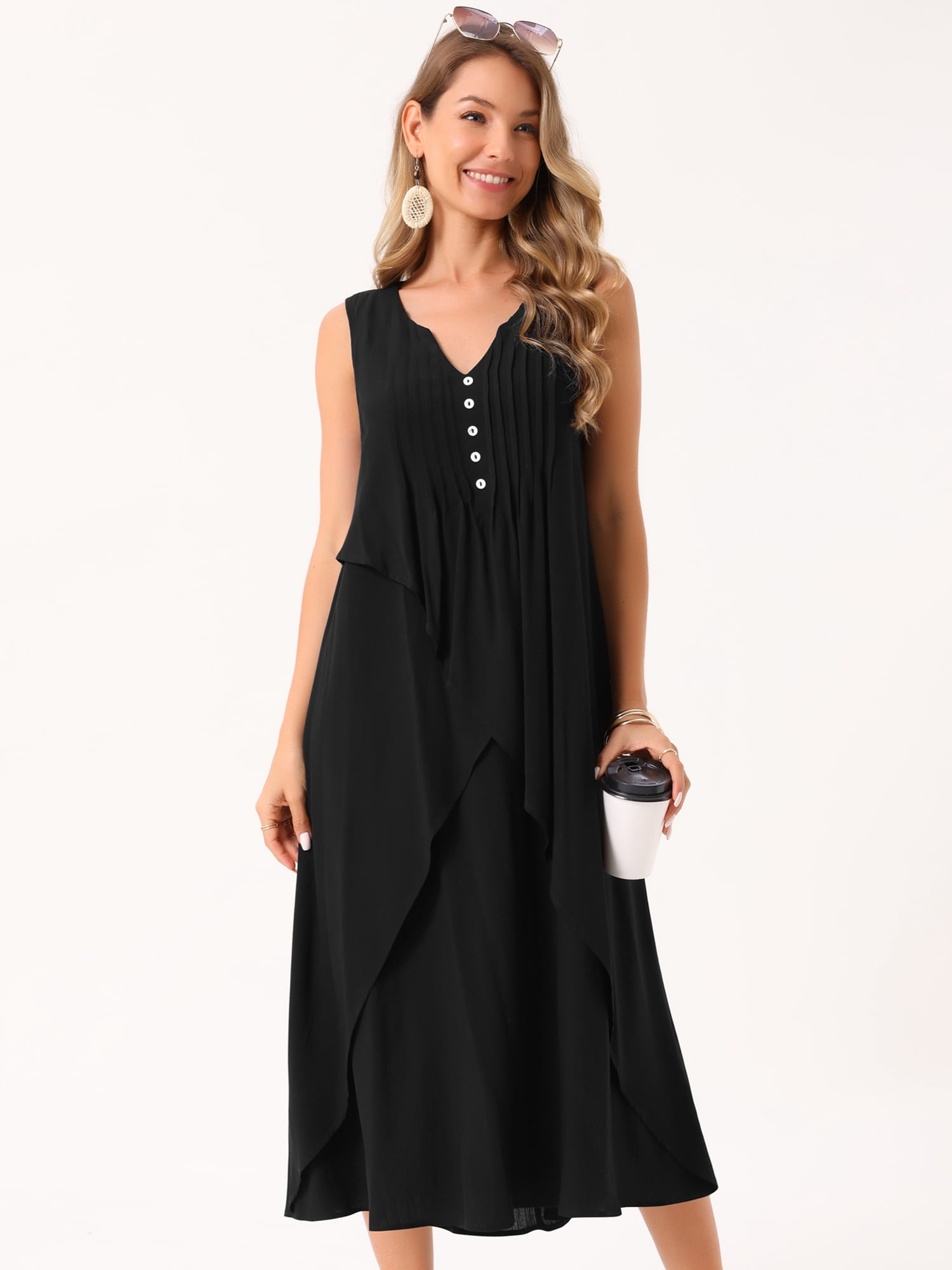 DARING DIVA Ruffle Sleeveless V Neck Pleated Flowy Maxi Dress S Black