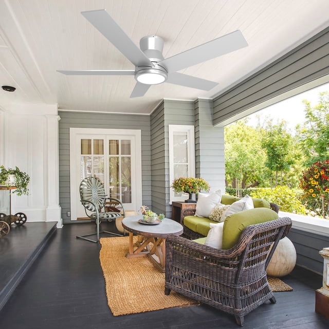 52-Inch 5 Dual Colour Ceiling Fan with Light,Sliver Flush Mount LED Light,Dimmable 3CCT,6 Speed,Timer Fandelier for Living Room,Dining Room,Kitchen,Patio,Indoor&Cover Outdoor Scene.