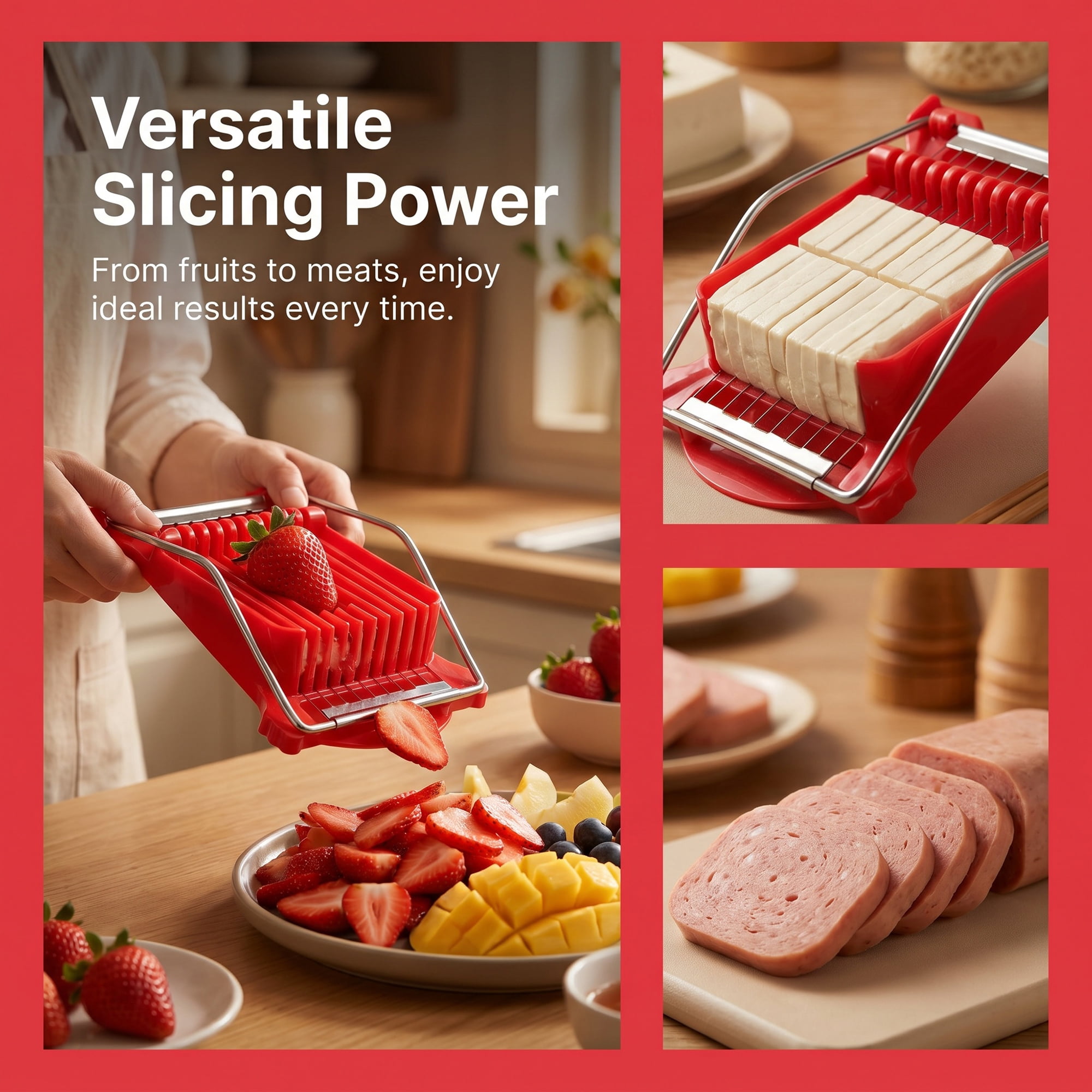 Unique Bargains Stainless Steel Wire Luncheon Meat Slicer for Cooking  Red 5"x7.8"