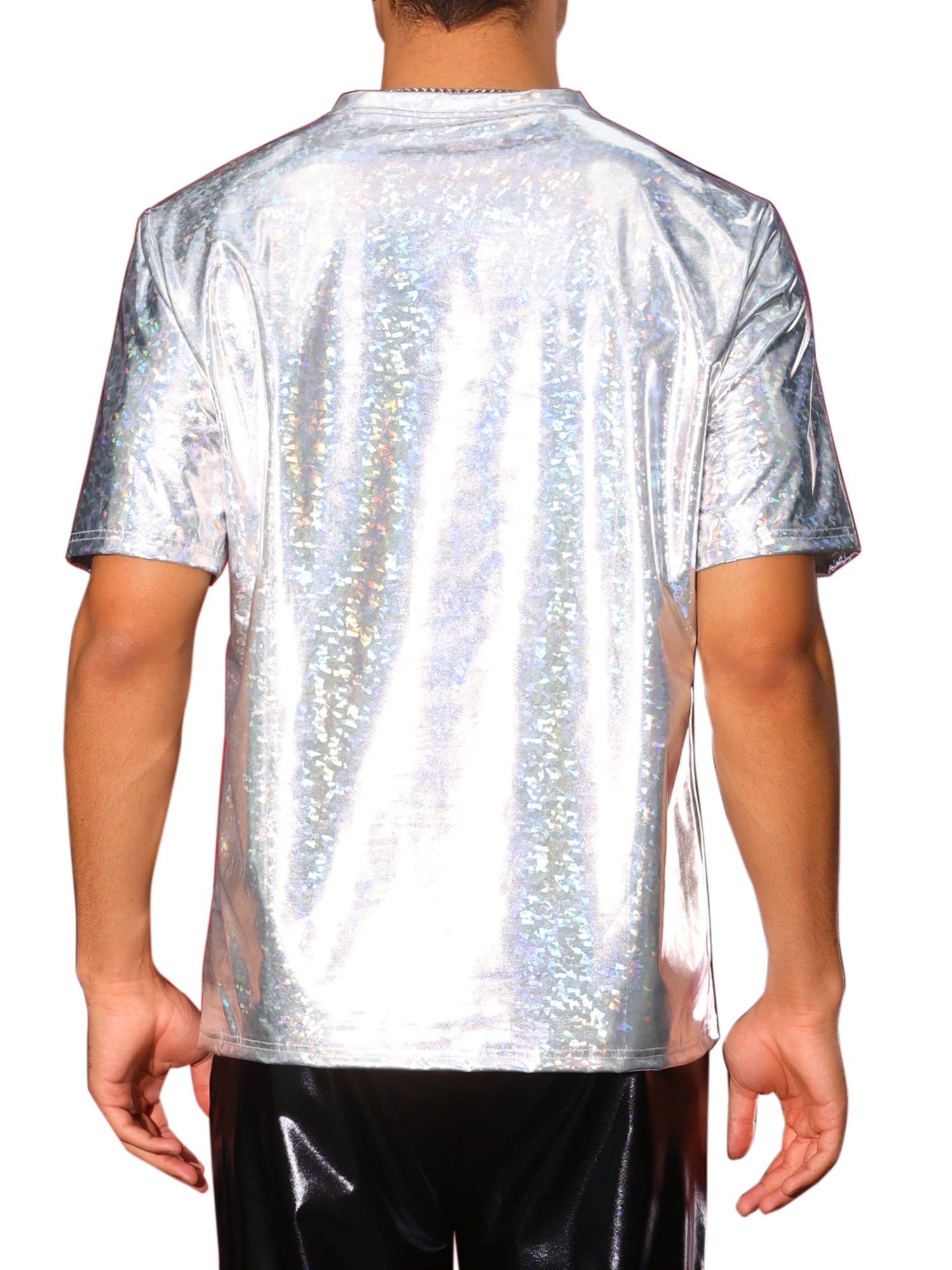 INSPIRE CHIC Holographic T-Shirts for Men's Crew Neck Short Sleeved Party Disco Shiny t Shirt S Silver