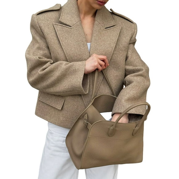 Female Crop Pea Coat Wool Blend Office Work Lapel Collar Short Winter Jacket Trench Coat Camel Color S