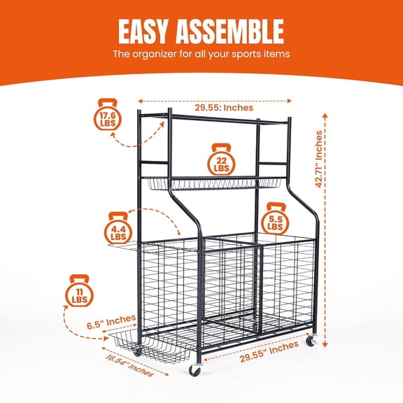 Sports Equipment Organizer - Rolling Garage  Storage Rack with Removable Basket