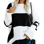 Women's Long Sleeve Crew Neck Striped Color Patchwork Block Casual Loose Knitted Pullover Sweater Tops
