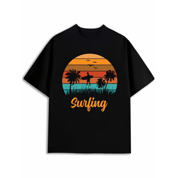 BASICTOGO Surfing Sunset Palm Tee Mens comfort colors tshirt black graphic tees graphic tees Perfect for a beach vacation Retro Unisex Shirt Graphic Tee tshirts