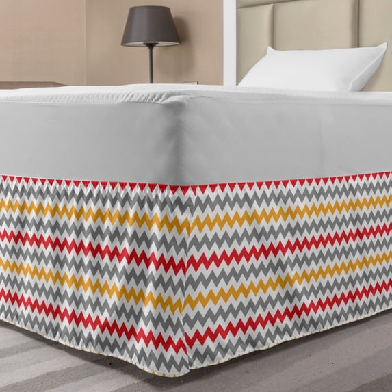 Chevron Bed Skirt, Retro Chevron Pattern Abstract Waves Happiness Contrasting Colors Creativity, Elastic Bedskirt Dust Ruffle Wrap Around for Bedding Decor, 4 Sizes, Grey Marigold Red, by Ambesonne