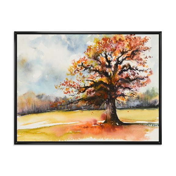 Designart 'Lone Oak Tree In The Fields With Autum Leaves' Traditional Framed Canvas Wall Art Print