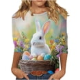 thumbnail image 2 of Easter Apparel for Women Realistic Bunny Rabbit Painting Graphic Print Crewneck Three Quarter Sleeve Soft Fabric Casual Festive Holiday T-Shirt, 2 of 5