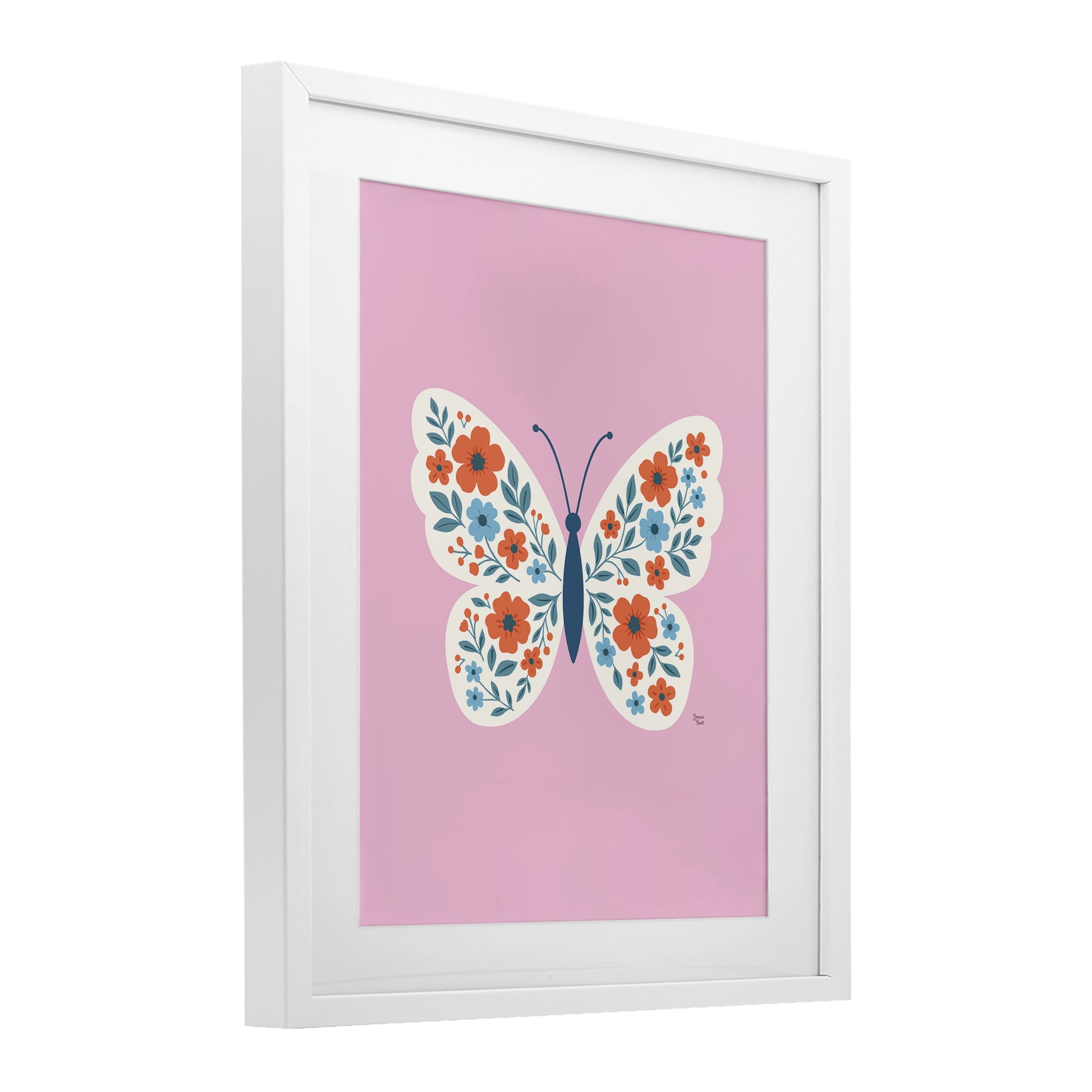 Boho Pink Floral Butterfly White Framed Print Under Glass, design by Jessica Beck