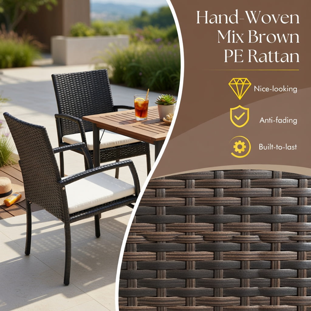 Hommoo 2-Pack Outdoor Wicker Dining Armchairs with Removable Off-White Cushions, PE Rattan Patio Chairs for Backyard, Porch & Poolside, Black