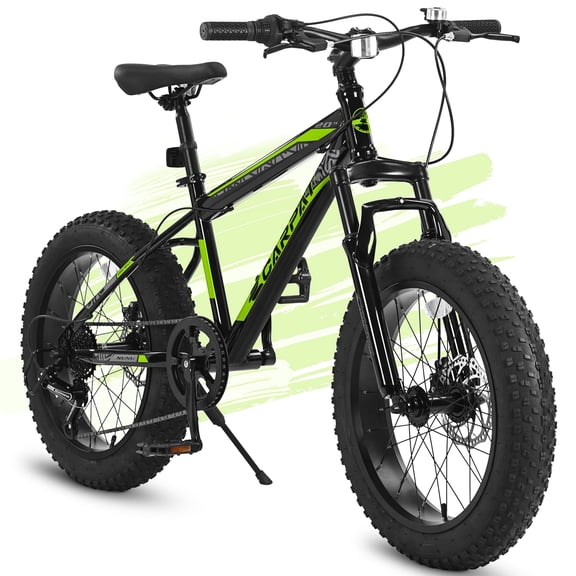 20 Inch Fat Tire Kids Mountain Bike, 7-Speed Mountain Bicycle with Dual Disc Brake and Front Suspension, High-Carbon Steel Frame Kids MTB for Boys Girls Ages 8-12 Year Old, Black-Green