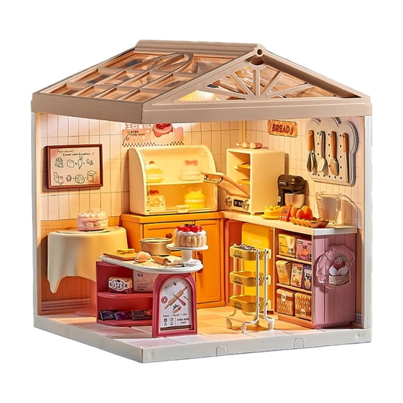 Juguete Panadería en Miniatura con Pasteles, Muebles, Accesorios y Efecto de Luz Nocturna