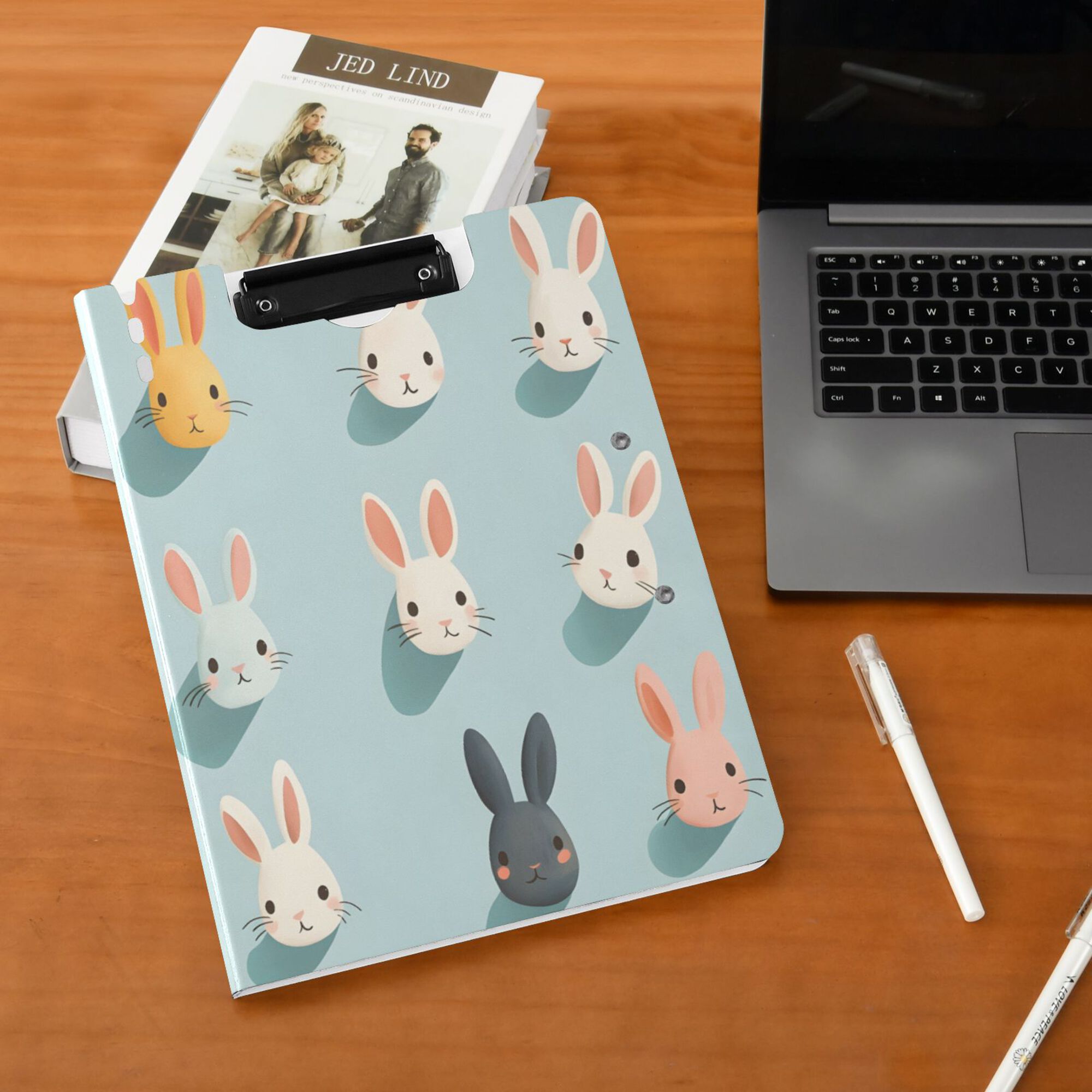 FORMRS A4 Clipboard Folder with Pen Holder Horizontal Foldable School Office Binder, Green Cute Rabbits