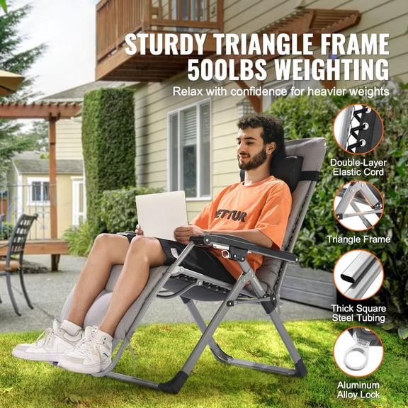 Zero Gravity Chair,26"Zero Gravity Recliner Lounge Chair for Indoor&Outdoor,Adjustable Anti Gravity Chair with Cushion,Headrest,Footrest,and Cupholder,500 lbs,Gray