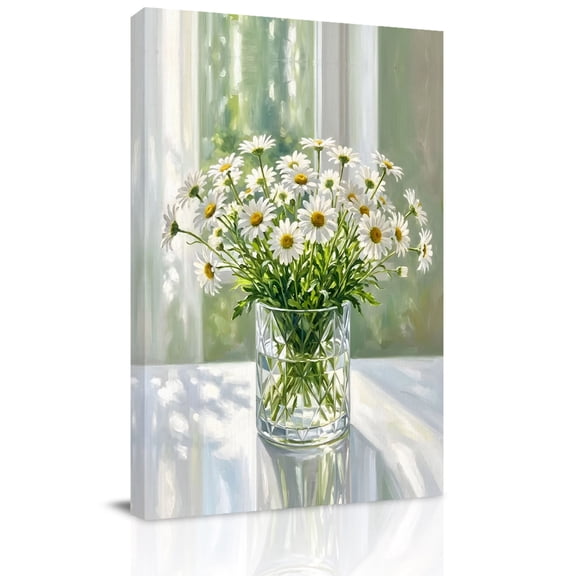 White Daisy Canvas Wall Art for Living Room, Summer Spring Oil Painted Floral Vase Poster Print Painting for Bedroom Office Home Decoration Wall Pictures Prepare To Hang 10"x10"