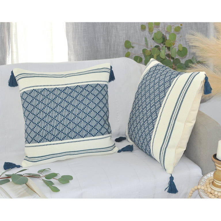 Boho Throw Pillow Covers with Tassels, 20x20 Inches, Navy Blue / Cream (Set of 2) | Decorative Pillow Covers for Living Room Couch Sofa/ Farmhouse