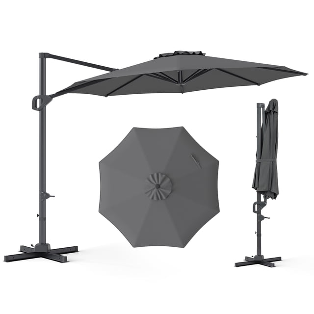 Costway 10 FT Patio Cantilever Umbrella with 360° Rotation, Easy Tilt Adjustment, 8 Ribs Gray