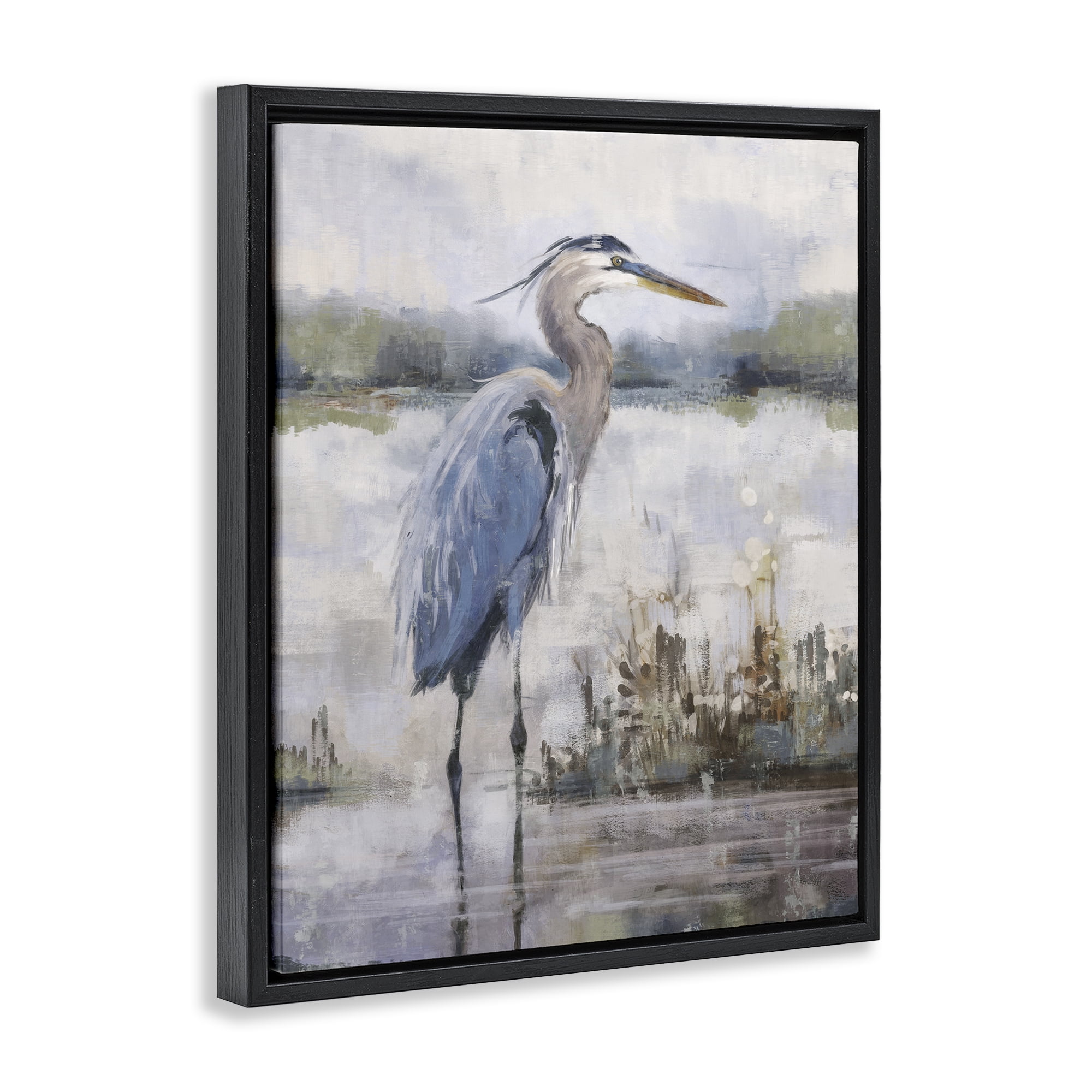 Stupell Industries Coastal Sea Heron Landscape & Nature Painting Black Floater Framed Canvas Art Print Wall Art, 17 x 21