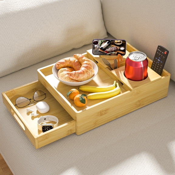 SouStoCol Couch Cup Holder, 7-in-1 Couch Caddy Tray, Sofa Side Table with Push-Pull Drawer to Organize and Store Small Objects, 360°Swivel Phone Holder, for Drinks, Cups, Snacks, Remote