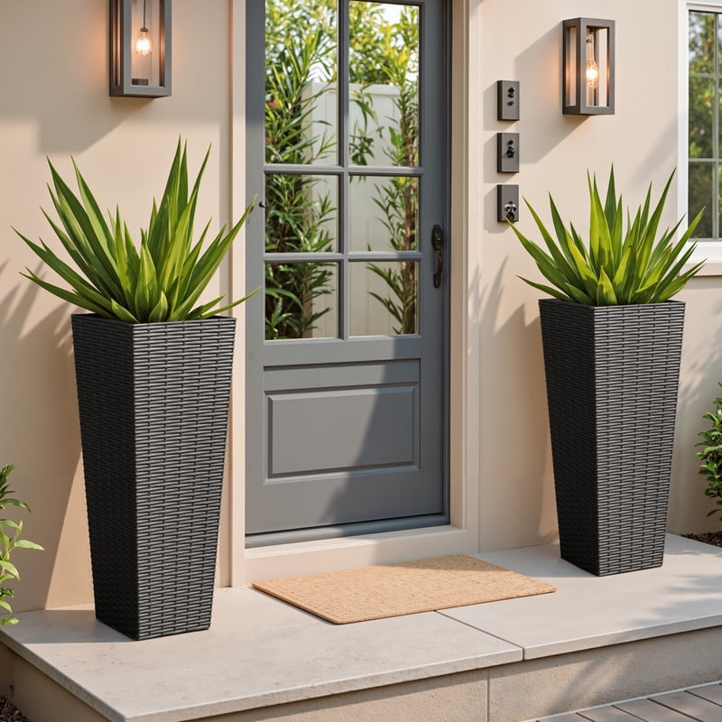 Devoko 32" Tall Planters for Outdoor Plants Set of 2, Woven-Textured Outdoor Plant Pots for Patio, Front Porch