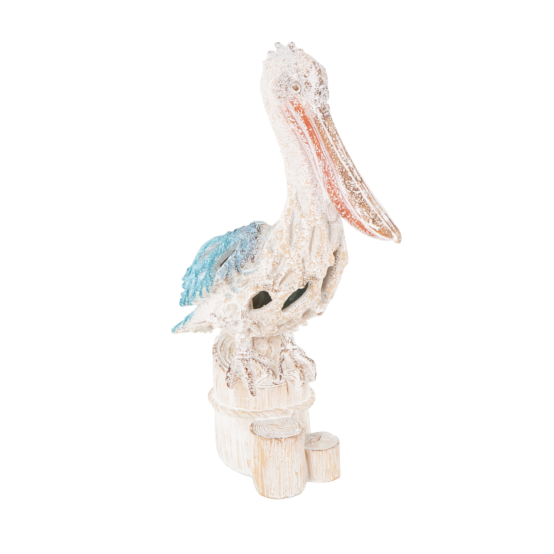 8" x 13" Blue Polystone Textured Pelican Sculpture with Blue Feathers, by DecMode