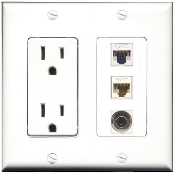 RiteAV - 15 Amp Power Outlet 1 Port 3.5mm 1 Port Cat5e Ethernet White 1 Port Cat6 Ethernet Ethernet White Decorative Wall Plate