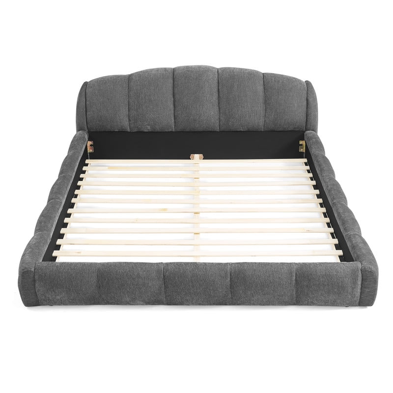 Queen/King Size Upholstered Platform Bed Frame, No Box Spring Required Low Profile Floor Bed with Padded Headboard & Footboard