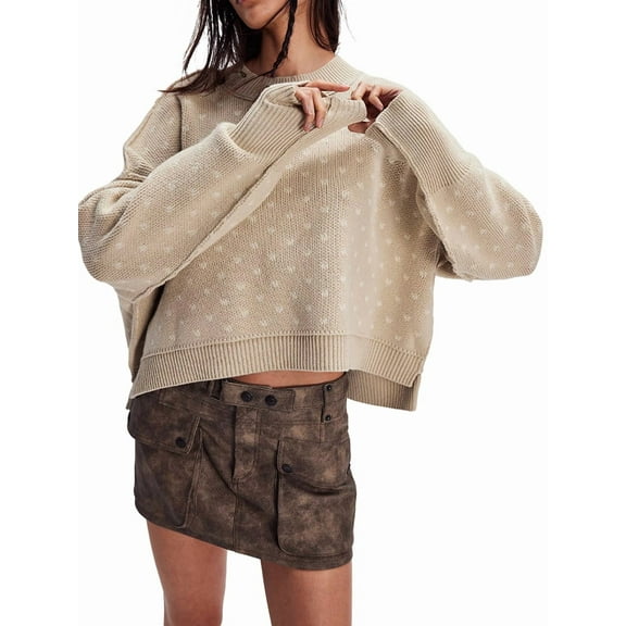 Women'S Oversized Polka Dot Knit Sweater Casual Loose-Fit Pullover for Fall and Winter Khaki L