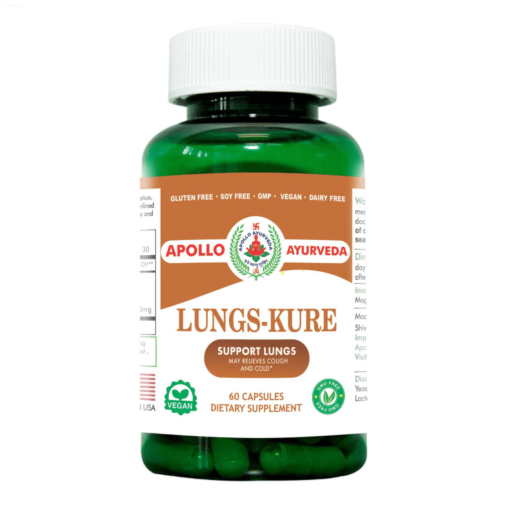 Apollo Ayurveda Lungs Kure Support Lungs Health Dietary Herbal Supplement Vegan 60 Capsules