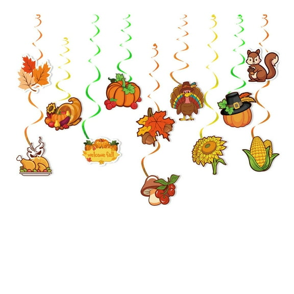 Olilia 12 Pieces of Autumn Thanksgiving Hanging Ornaments,with Swirl Ribbons, Paper Hanging Ornaments, Indoor，Outdoor Home Party Thanksgiving Autumn Harvest Festival Classroom Decoration.