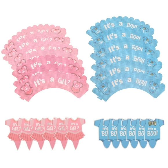 24pcs Gender Reveal Party Cake Toppers Dessert Picks and 24pcs Cupcake Wrappers