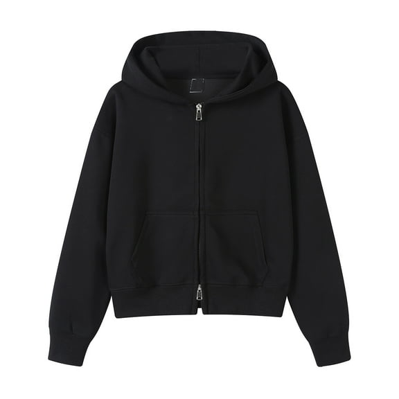 CharmCyan Women's Short Fashion Solid Color Zipper Hooded Sweatshirt Loose Cardigan Jacketat Black L