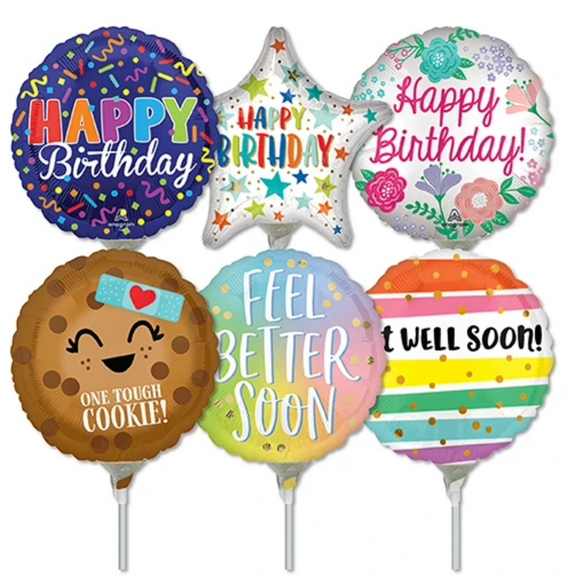 LoonBalloon 9 Inch Birthday & Get Well Stick Value Pack Balloons (30 Pack) - Pre-Inflated
