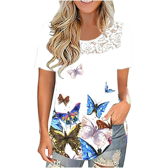 Pompotops Mode Femmes O-Cou Impression Décontractée Dentelle à Manches Courtes T-shirt Tops
